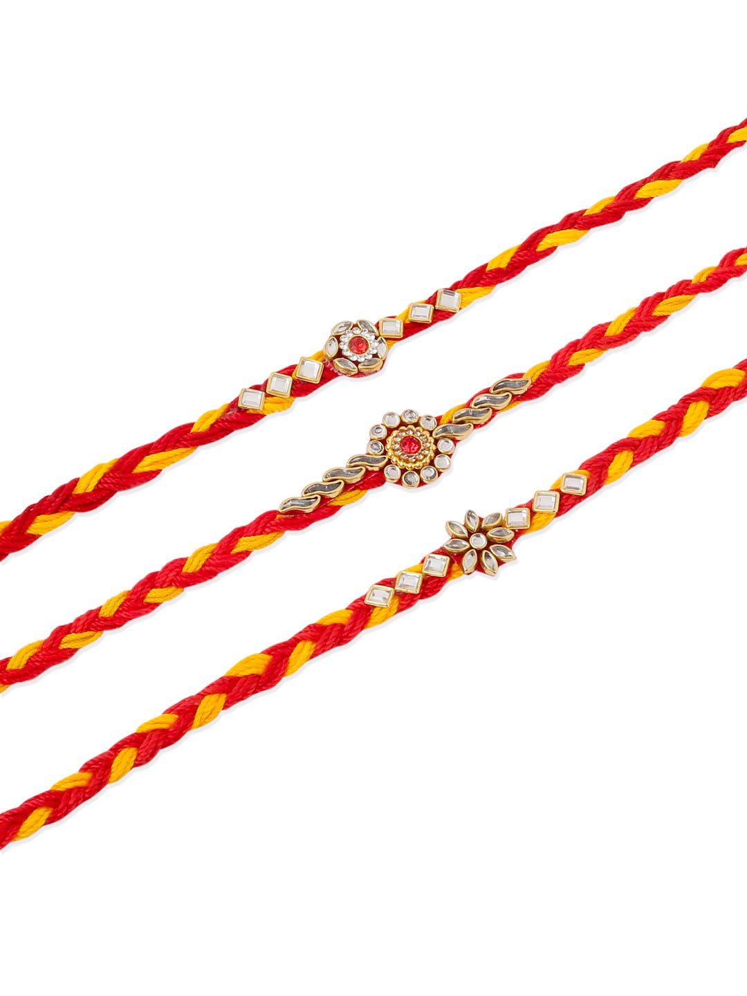 NVR Men Set of 3 Red & Yellow Kundan Studded Floral Design Thread Rakhi Combo | Swadesiicart
