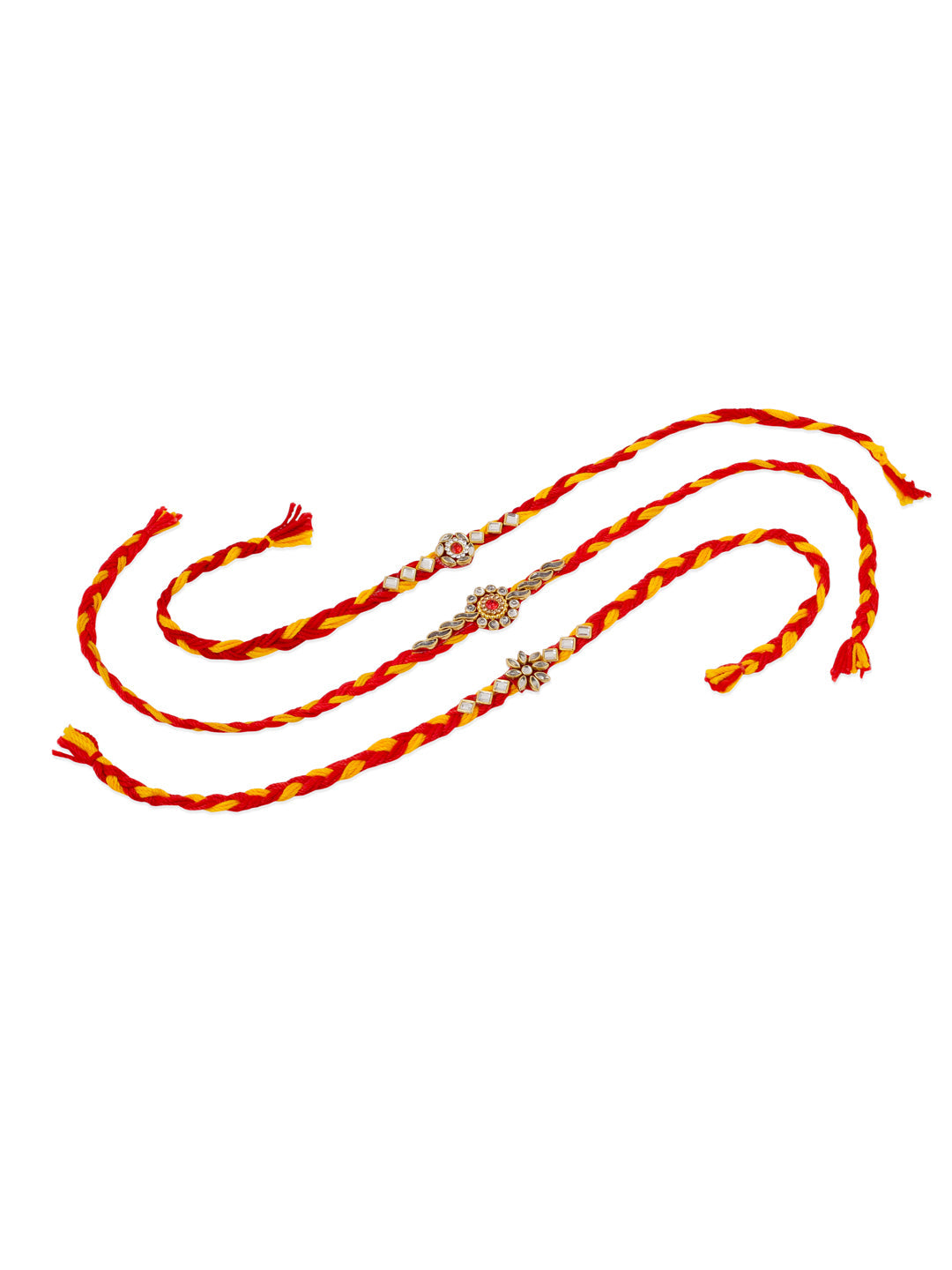 NVR Men Set of 3 Red & Yellow Kundan Studded Floral Design Thread Rakhi Combo | Swadesiicart