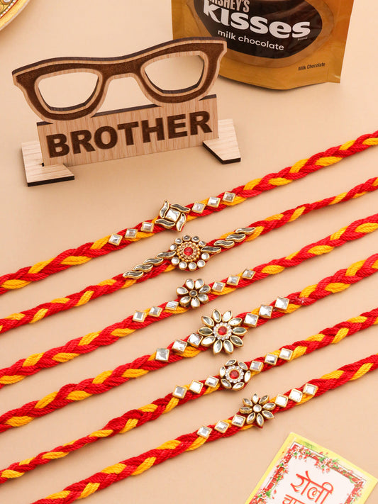 NVR Men Set of 6 Red & Yellow Kundan Studded Floral Design Thread Rakhi Combo | Swadesiicart