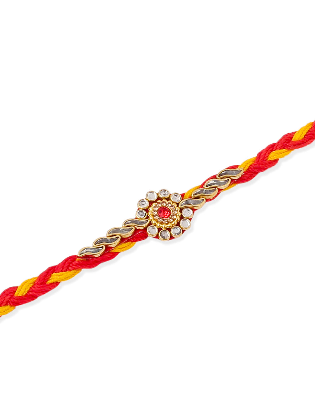 NVR Men Set of 6 Red & Yellow Kundan Studded Floral Design Thread Rakhi Combo | Swadesiicart