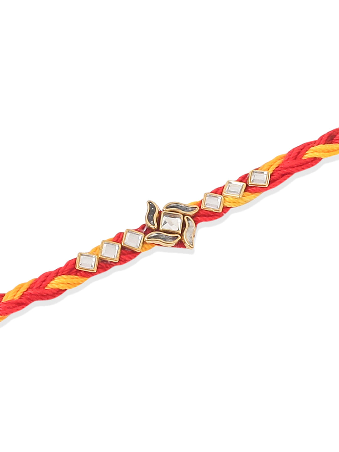 NVR Men Set of 6 Red & Yellow Kundan Studded Floral Design Thread Rakhi Combo | Swadesiicart