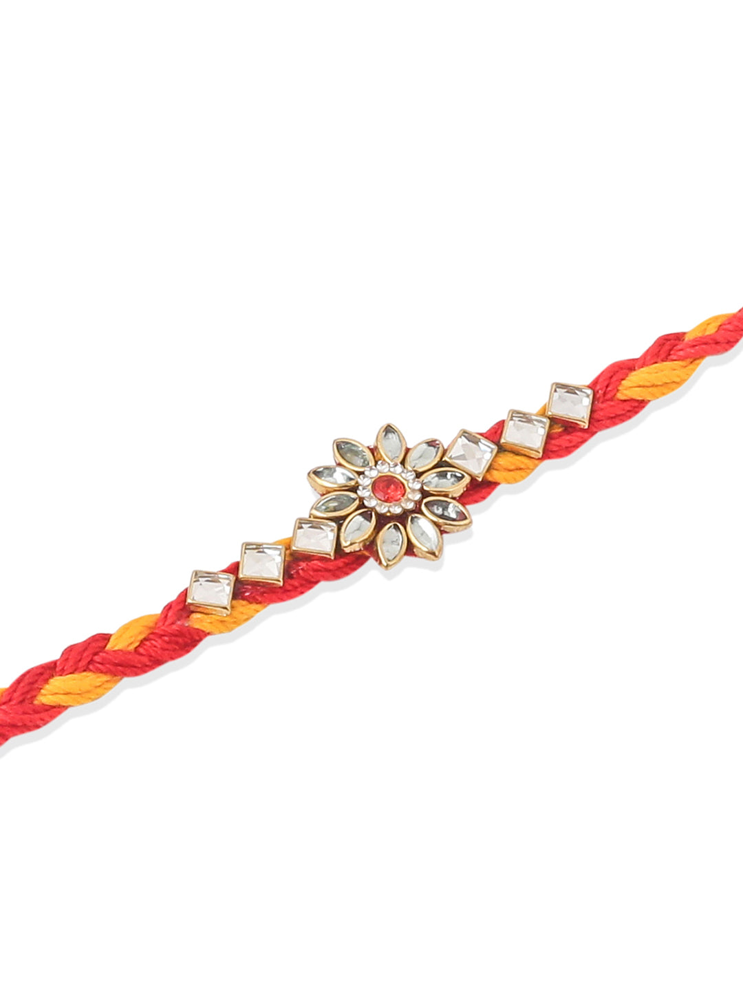 NVR Men Set of 6 Red & Yellow Kundan Studded Floral Design Thread Rakhi with Roli Chawal Chandan & Mishri | Swadesiicart