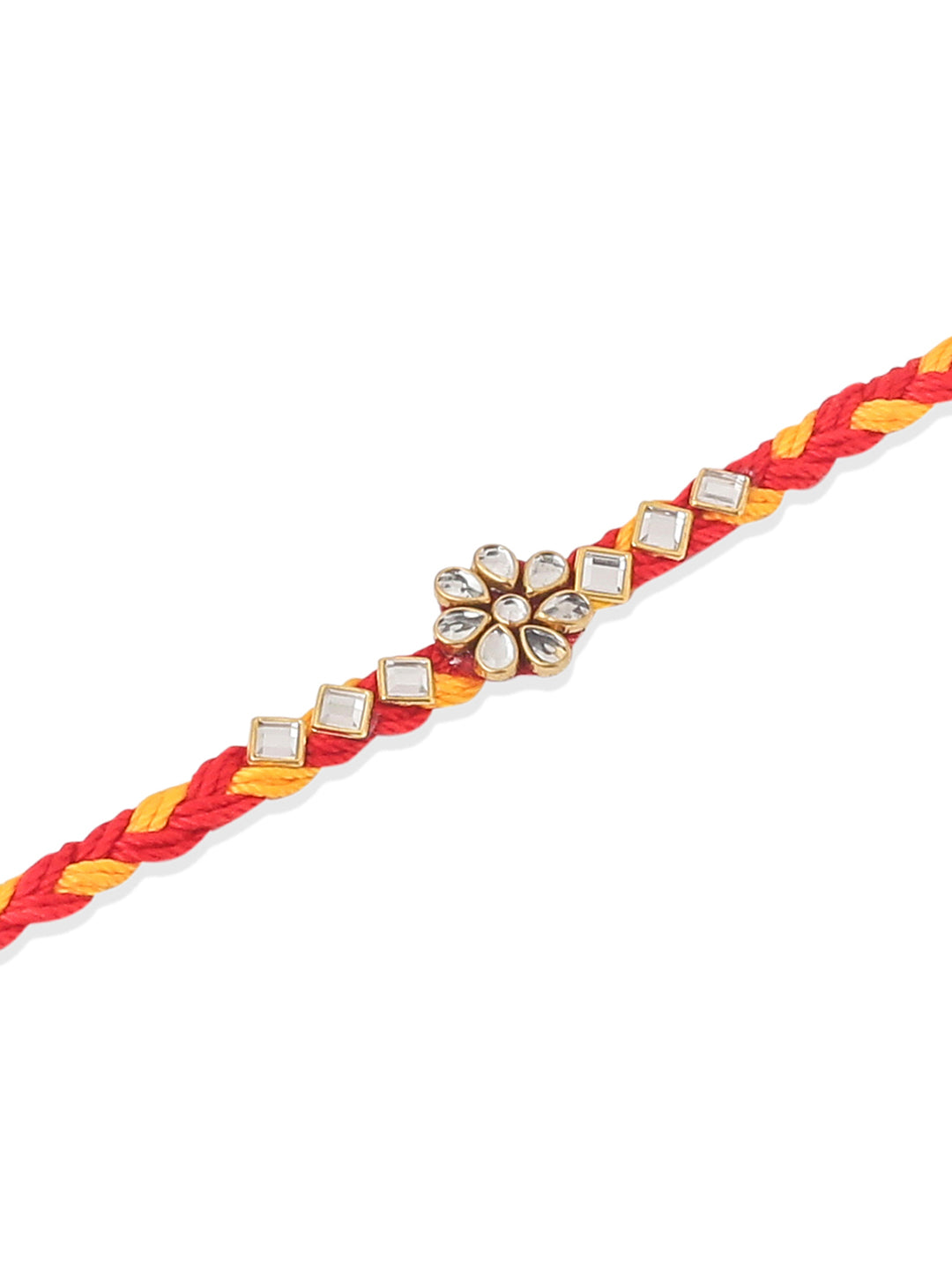 NVR Men Set of 6 Red & Yellow Kundan Studded Floral Design Thread Rakhi with Roli Chawal Chandan & Mishri | Swadesiicart