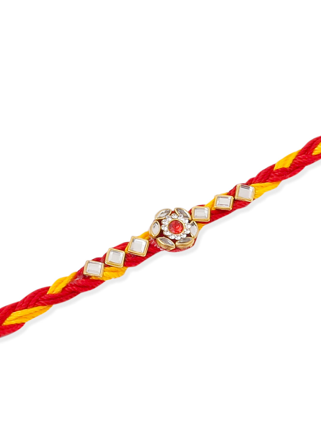 NVR Men Set of 6 Red & Yellow Kundan Studded Floral Design Thread Rakhi with Roli Chawal Chandan & Mishri | Swadesiicart