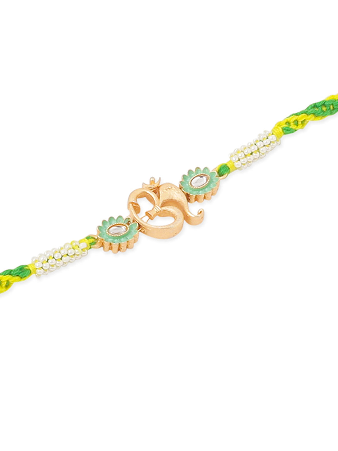 NVR Men Green Kundan Studded Om Design Thread Rakhi with Roli Chawal Chandan & Mishri - Swadesiicart