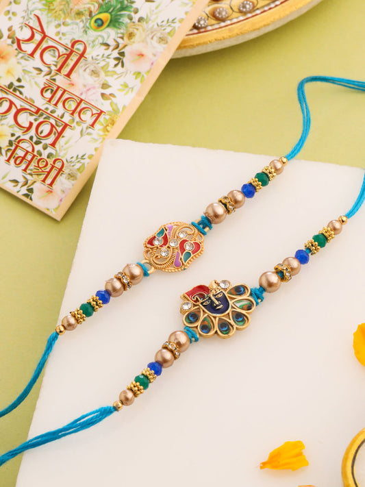 NVR Men Set of 2 Blue Artificial Stones & Beads Thread Rakhi with Roli Chawal Chandan & Mishri - Swadesiicart