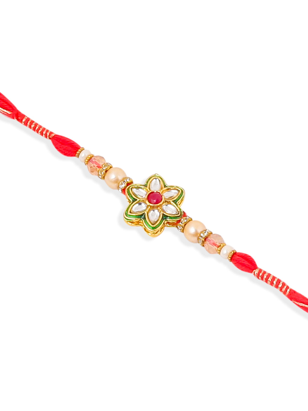 NVR Set of 2 Gold Toned Kundan Studded Floral Shape Bhaiya Bhabhi Rakhi Combo | Swadesiicart
