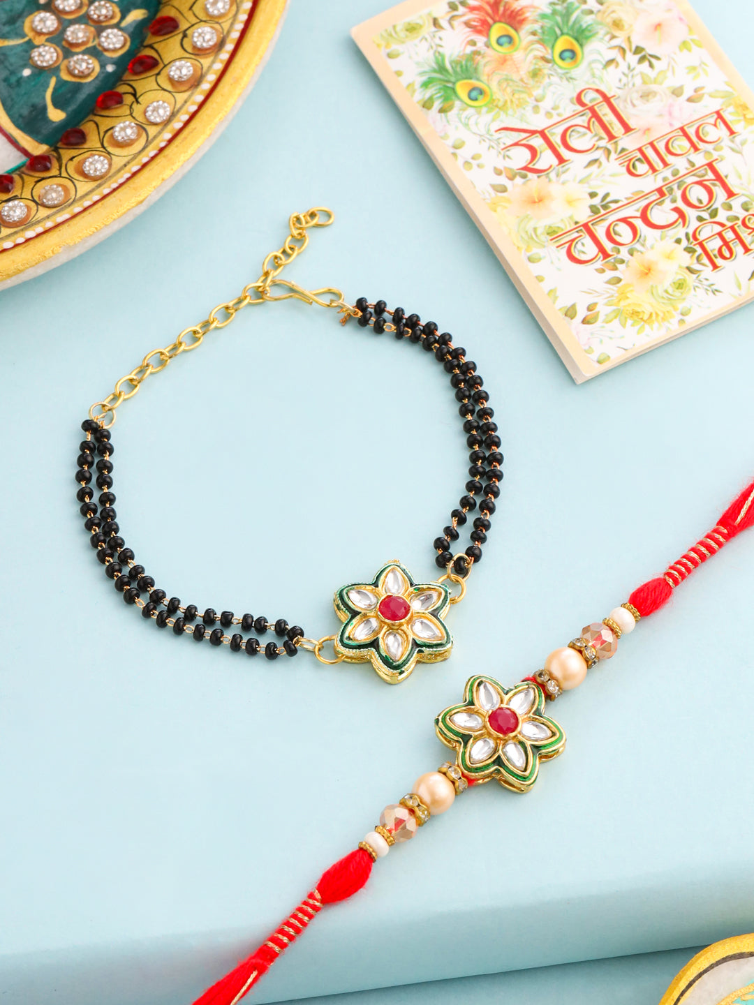 NVR Set of 2 Gold Toned Kundan Studded Floral Shape Bhaiya Bhabhi Rakhi with Roli Chawal Chandan & Mishri - Swadesiicart