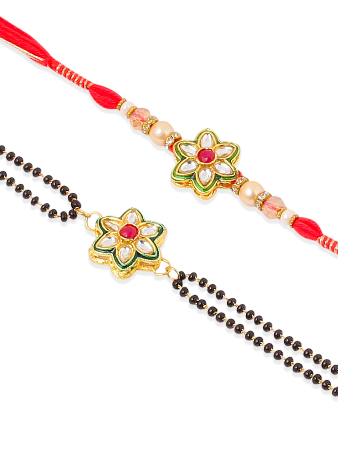 NVR Set of 2 Gold Toned Kundan Studded Floral Shape Bhaiya Bhabhi Rakhi with Roli Chawal Chandan & Mishri - Swadesiicart