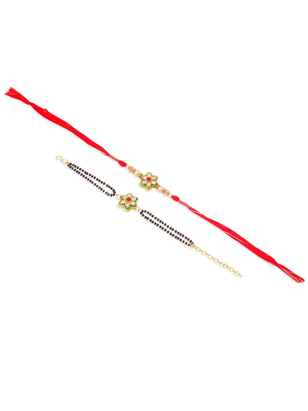 NVR Set of 2 Gold Toned Kundan Studded Floral Shape Bhaiya Bhabhi Rakhi with Roli Chawal Chandan & Mishri - Swadesiicart