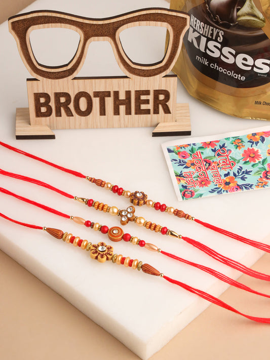 NVR Men Set of 4 Red Artificial Stones & Beads Floral Shape Thread Rakhi Combo | Swadesiicart