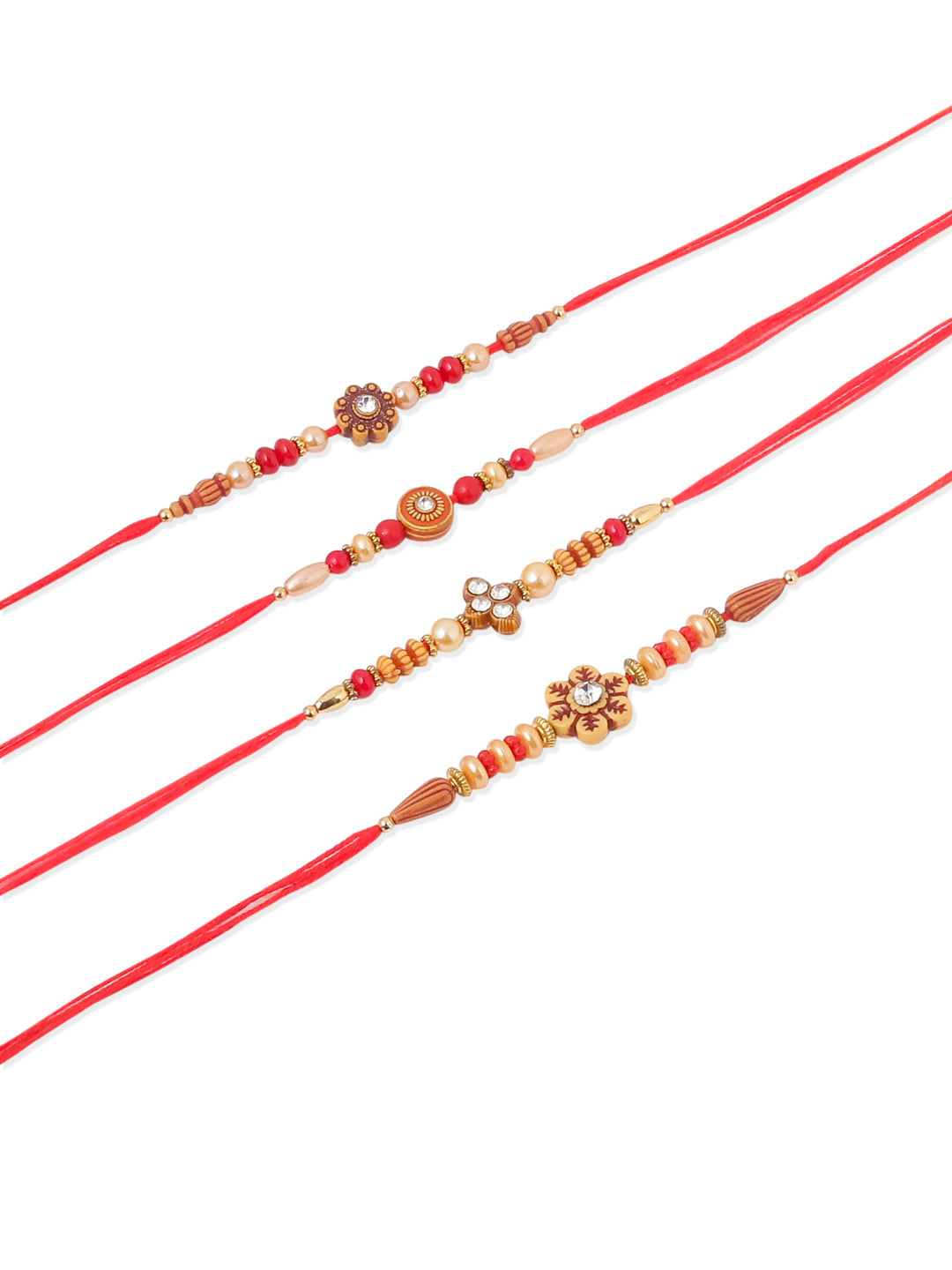 NVR Men Set of 4 Red Artificial Stones & Beads Floral Shape Thread Rakhi Combo | Swadesiicart