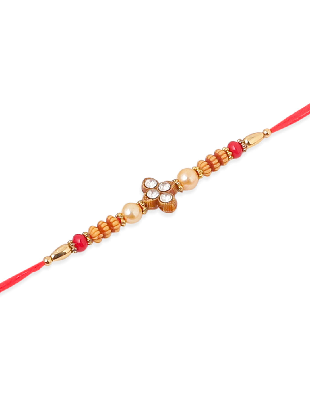 NVR Men Set of 4 Red Artificial Stones & Beads Floral Shape Thread Rakhi with Roli Chawal Chandan & Mishri - Swadesiicart