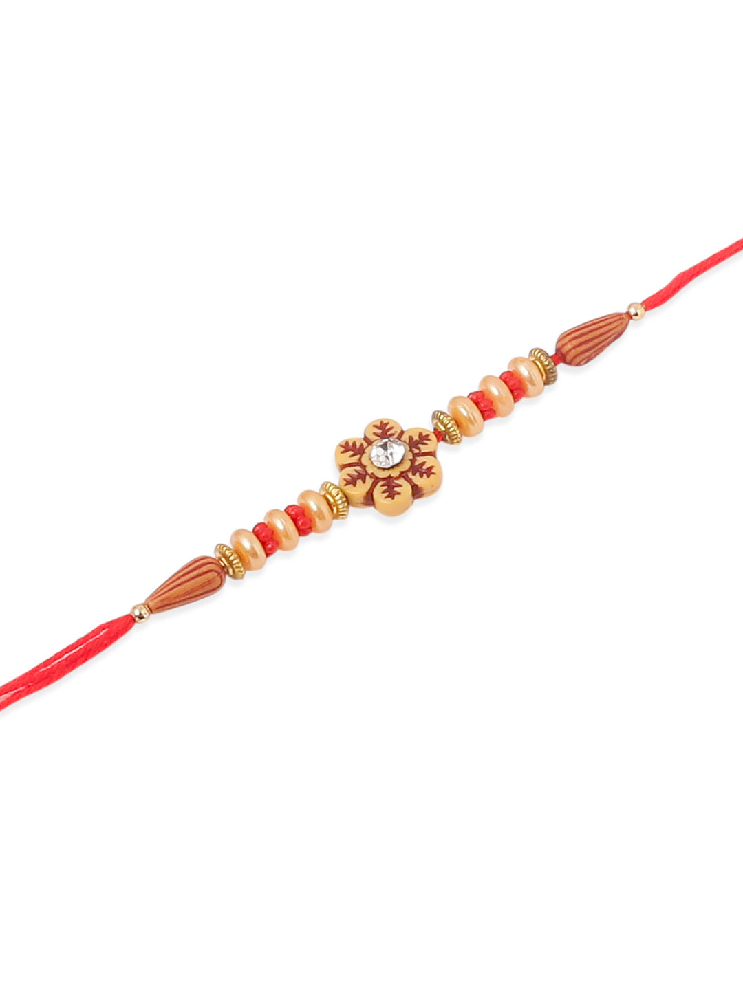 NVR Men Set of 4 Red Artificial Stones & Beads Floral Shape Thread Rakhi with Roli Chawal Chandan & Mishri - Swadesiicart