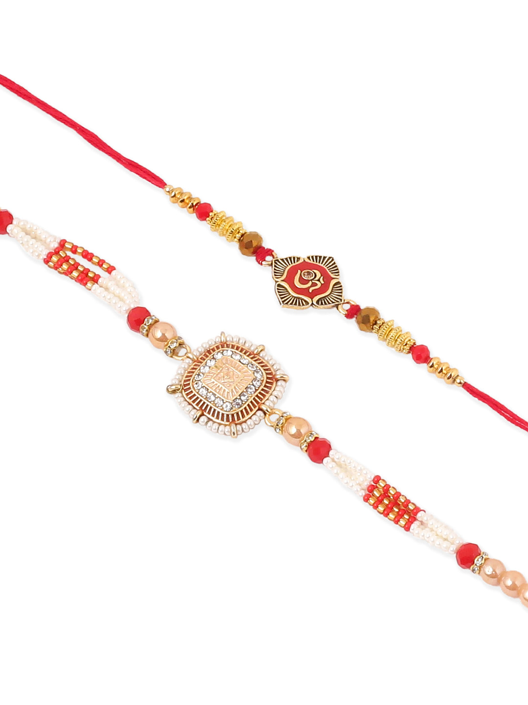 NVR Set of 2 Gold Toned Artificial Stones & Beads Om Design Bhaiya Bhabhi Rakhi Combo | Swadesiicart