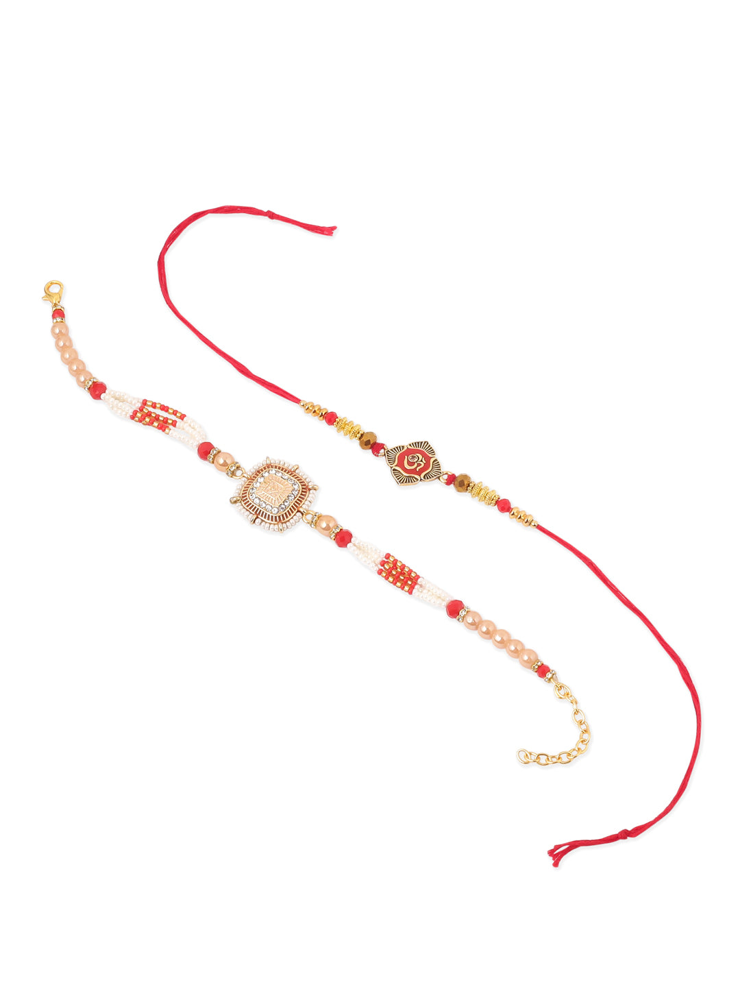NVR Set of 2 Gold Toned Artificial Stones & Beads Om Design Bhaiya Bhabhi Rakhi Combo | Swadesiicart