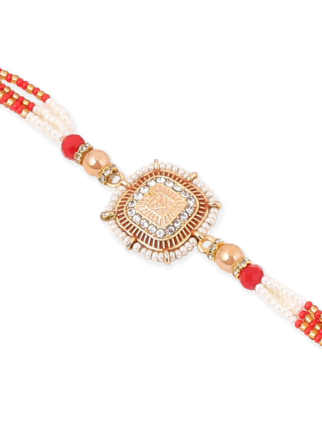 NVR Set of 2 Gold Toned Artificial Stones & Beads Om Design Bhaiya Bhabhi Rakhi with Roli Chawal Chandan & Mishri - Swadesiicart