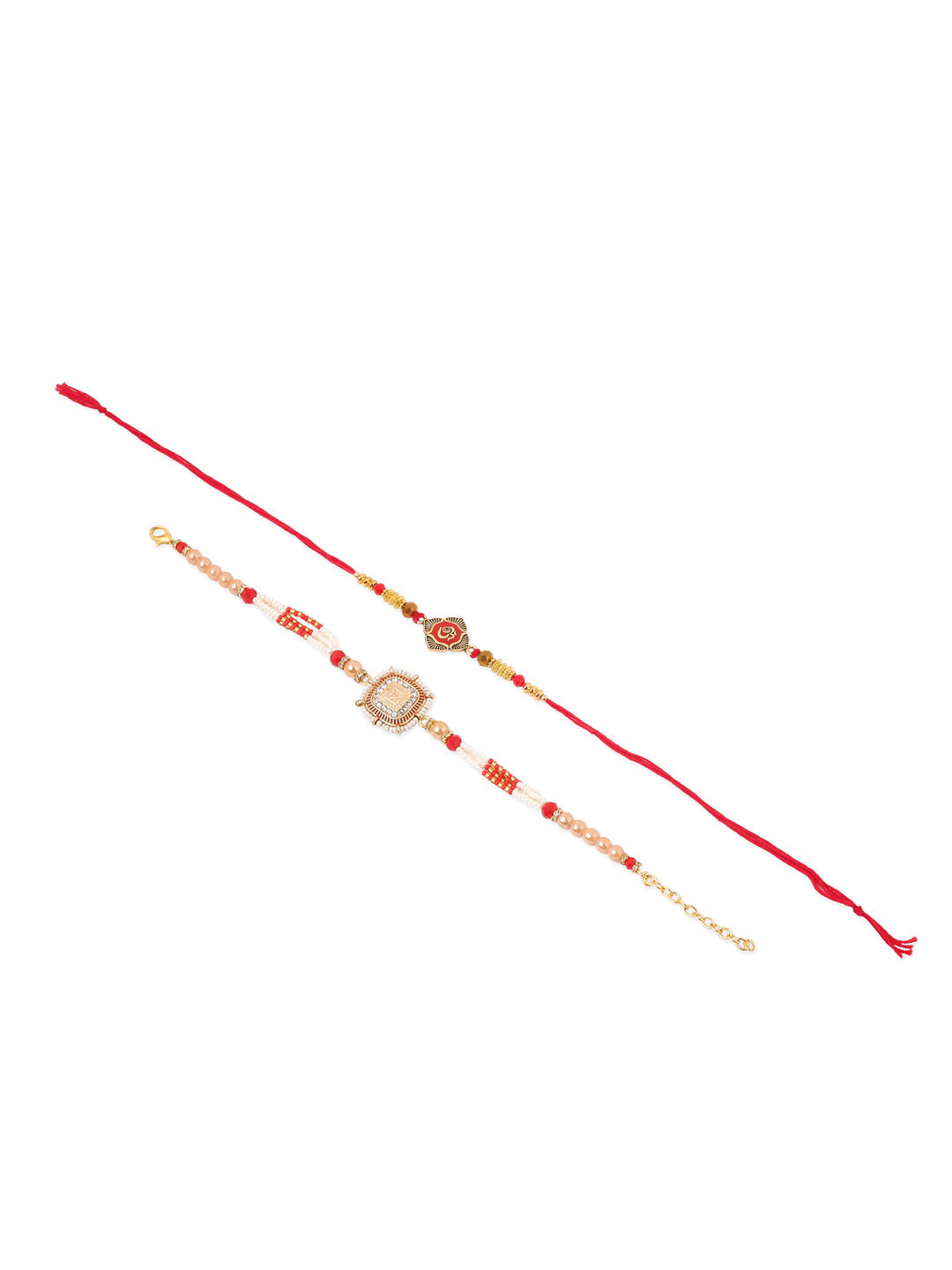 NVR Set of 2 Gold Toned Artificial Stones & Beads Om Design Bhaiya Bhabhi Rakhi with Roli Chawal Chandan & Mishri - Swadesiicart