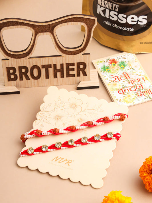 NVR Men Set of 2 Red Artificial Stones & Rudraksh Thread Rakhi, Combo for Rakshabandhan | Swadesiicart