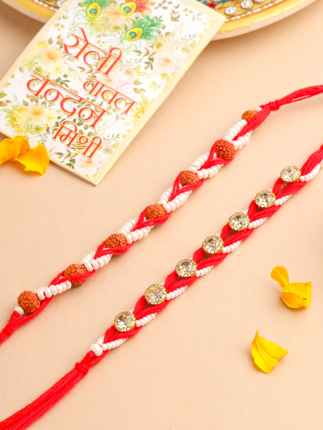 NVR Men Set of 2 Red Artificial Stones & Rudraksh Thread Rakhi with Roli Chawal Chandan & Mishri - Swadesiicart