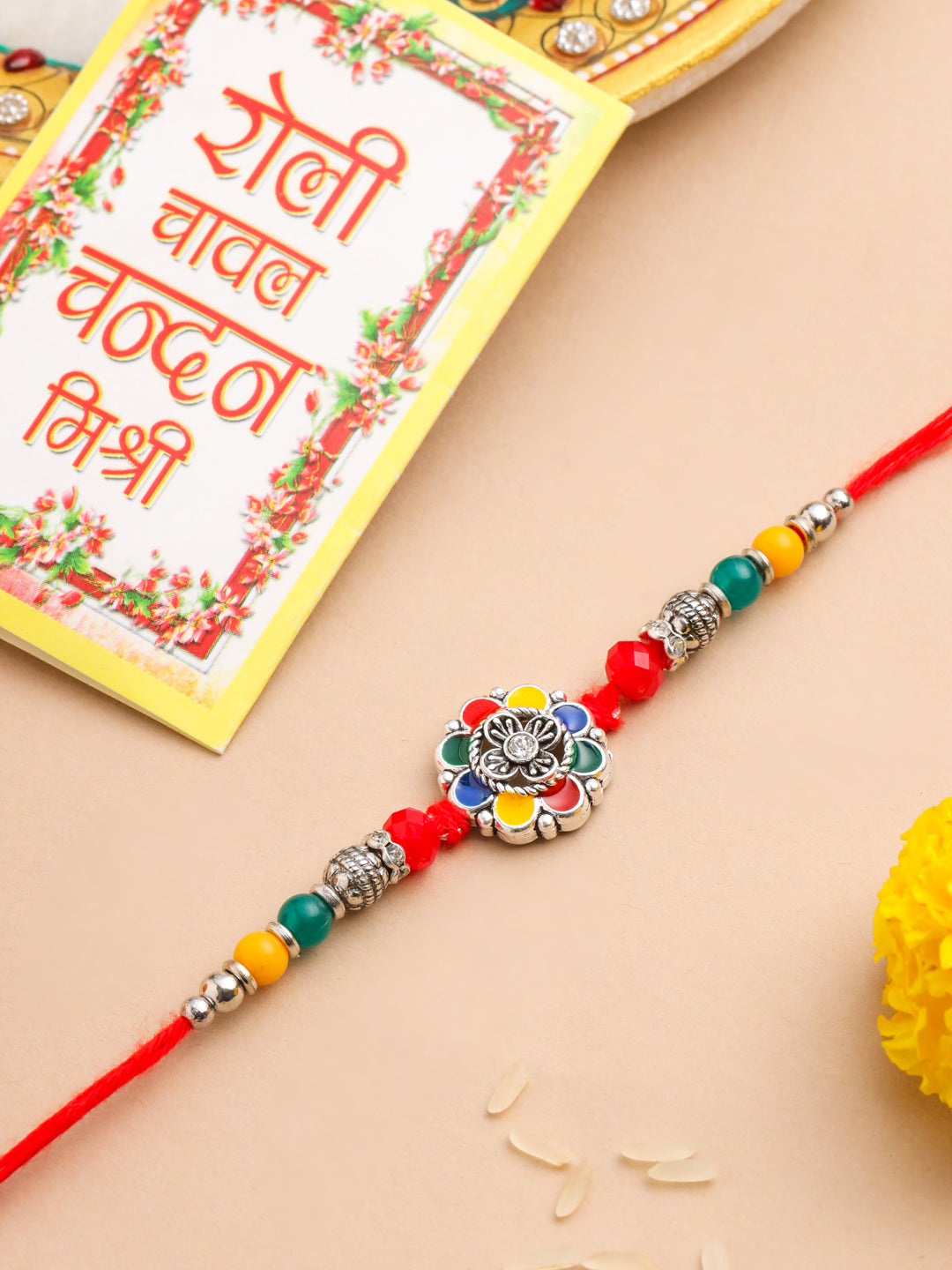 NVR Men Multicolor Artificial Stones & Beads Floral Design Thread Rakhi with Roli Chawal Chandan & Mishri - Swadesiicart