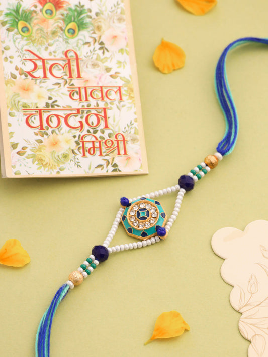 NVR Men Blue Artificial Stones & Beads Floral Design Thread Rakhi with Roli Chawal Chandan & Mishri - Swadesiicart