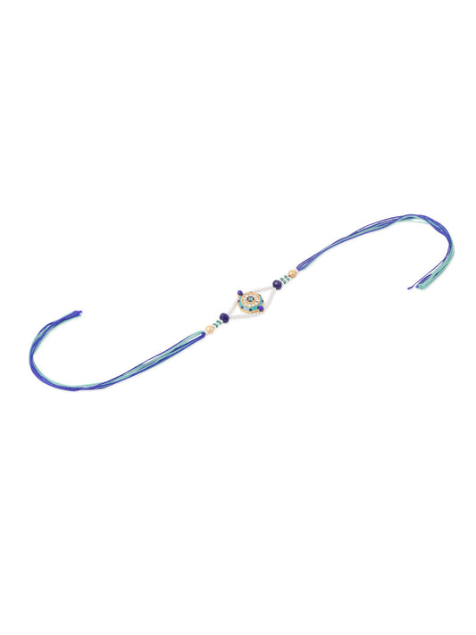 NVR Men Blue Artificial Stones & Beads Floral Design Thread Rakhi with Roli Chawal Chandan & Mishri - Swadesiicart