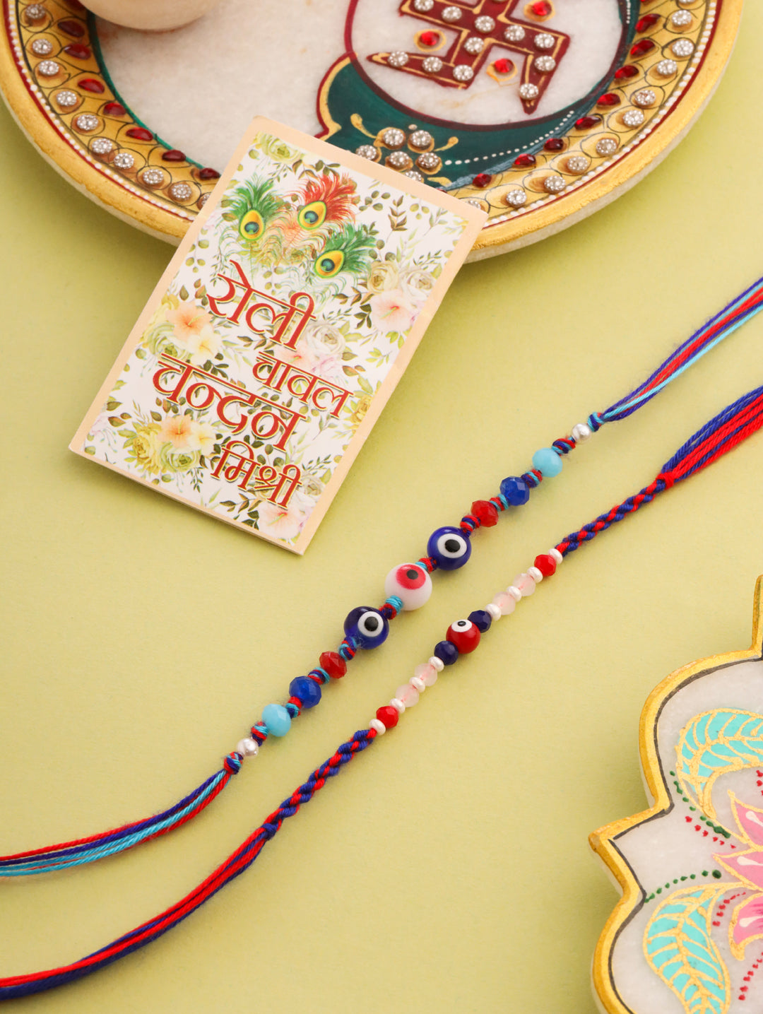 NVR Men Multicolor Evil Eye Artificial Beads Thread Rakhi with Roli Chawal Chandan & Mishri - Swadesiicart