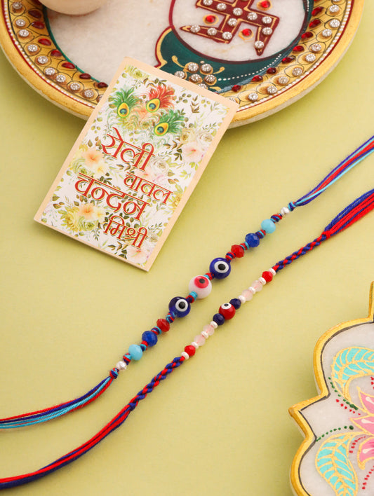 NVR Men Multicolor Evil Eye Artificial Beads Thread Rakhi with Roli Chawal Chandan & Mishri - Swadesiicart
