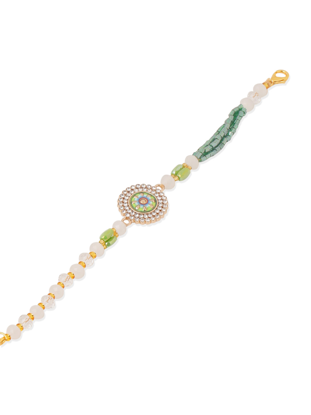 NVR Women Green Artificial Stones & Beads Floral Wraparound Rakhi with Roli Chawal Chandan & Mishri | Swadesiicart