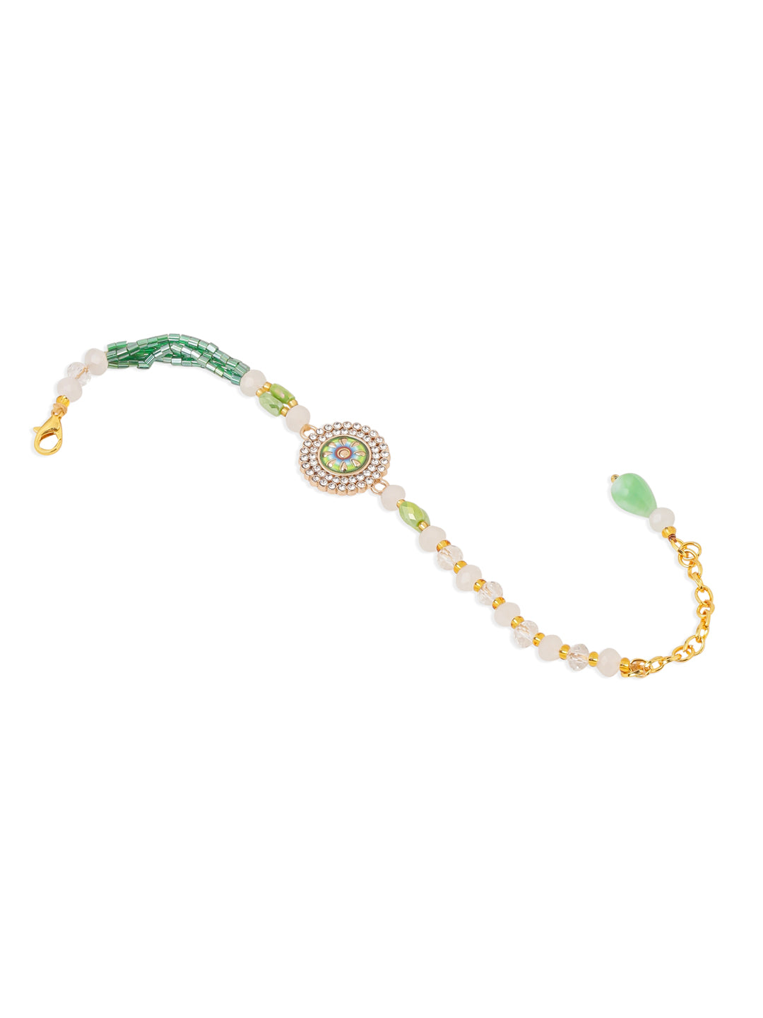 NVR Women Green Artificial Stones & Beads Floral Wraparound Rakhi with Roli Chawal Chandan & Mishri | Swadesiicart