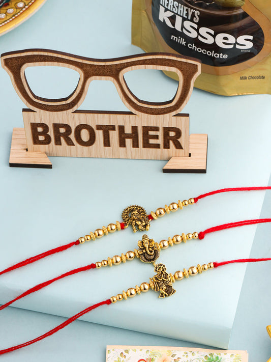 NVR Men Set of 3 Gold Toned Designer Ganesh Ji Thread Rakhi, Combo for Rakshabandhan | Swadesiicart