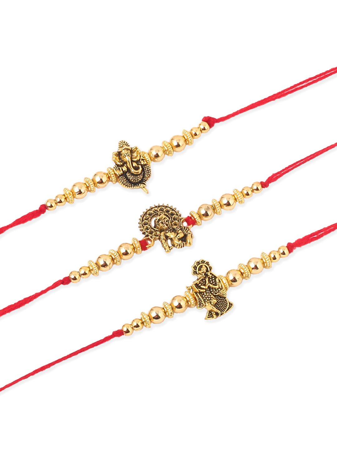 NVR Men Set of 3 Gold Toned Designer Ganesh Ji Thread Rakhi with Roli Chawal Chandan & Mishri - Swadesiicart