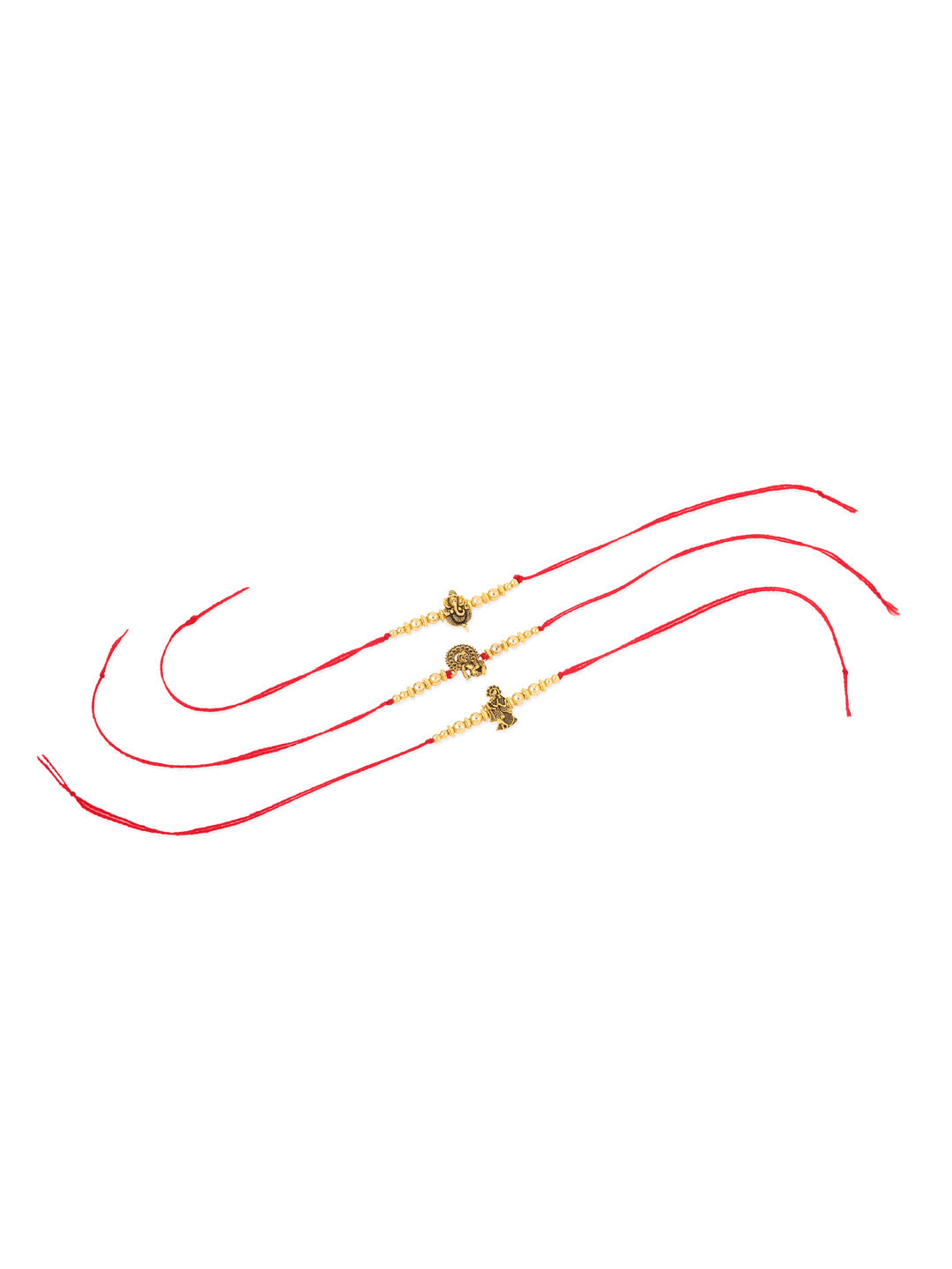 NVR Men Set of 3 Gold Toned Designer Ganesh Ji Thread Rakhi with Roli Chawal Chandan & Mishri - Swadesiicart