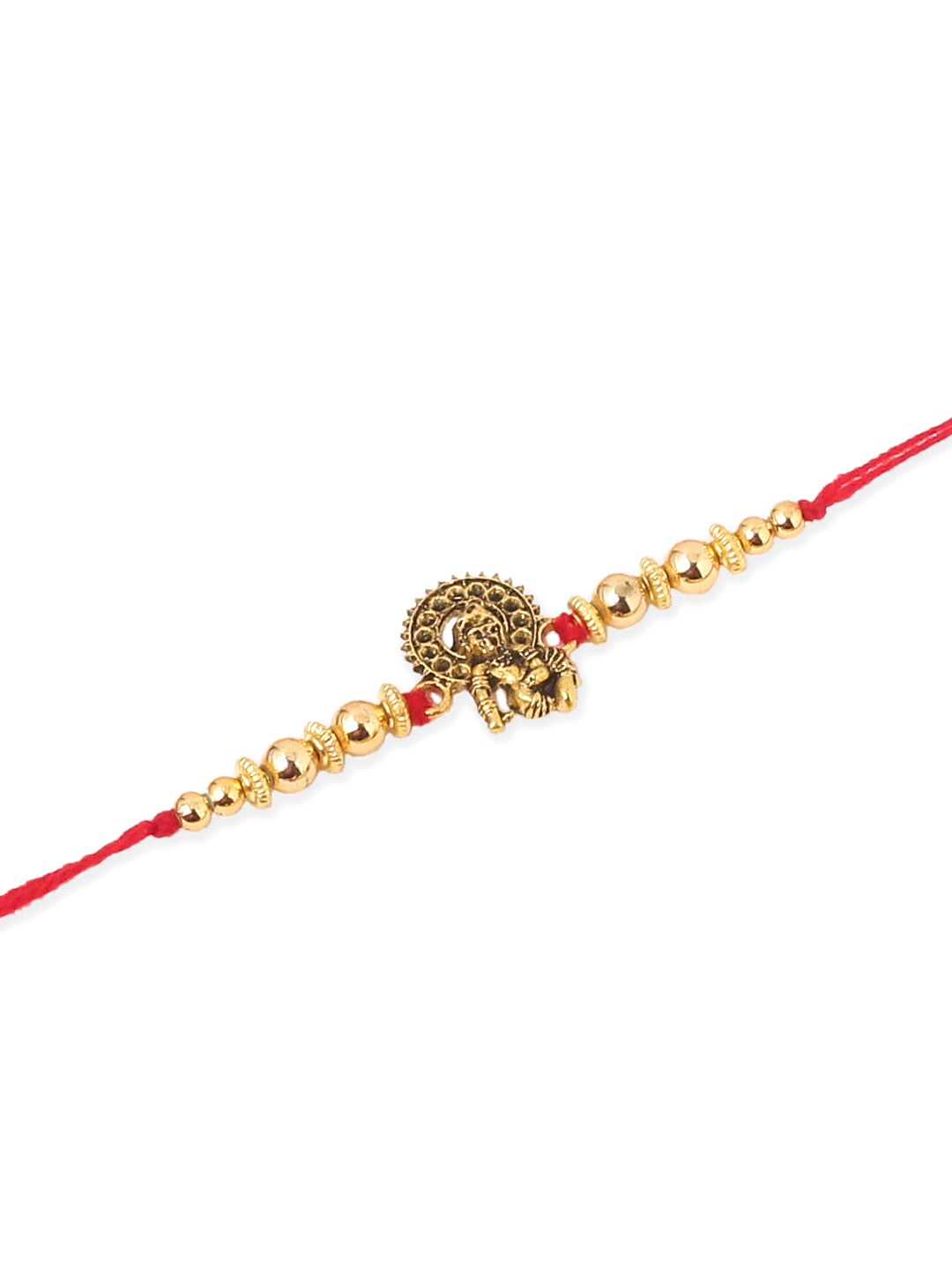 NVR Men Set of 3 Gold Toned Designer Ganesh Ji Thread Rakhi with Roli Chawal Chandan & Mishri - Swadesiicart