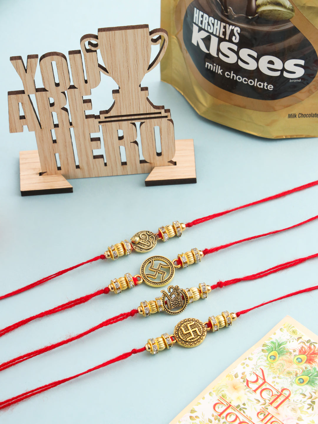 NVR Men Set of 4 Gold Toned Artificial Stones Swastik Design Thread Rakhi Combo - Swadesiicart