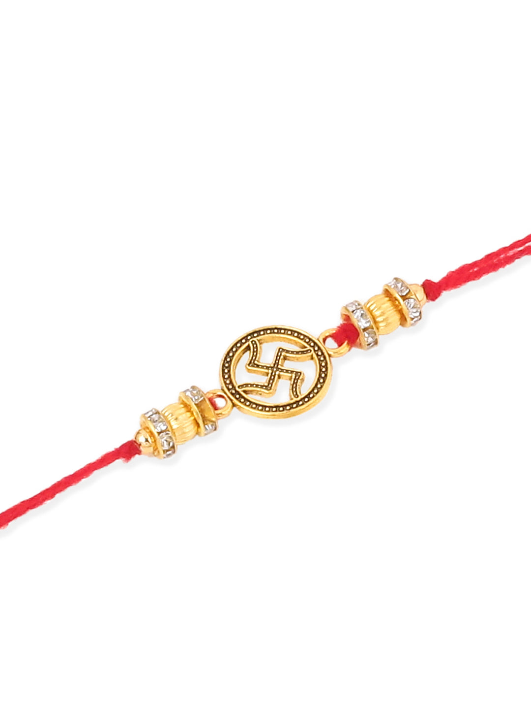 NVR Men Set of 4 Gold Toned Artificial Stones Swastik Design Thread Rakhi with Roli Chawal Chandan & Mishri - Swadesiicart
