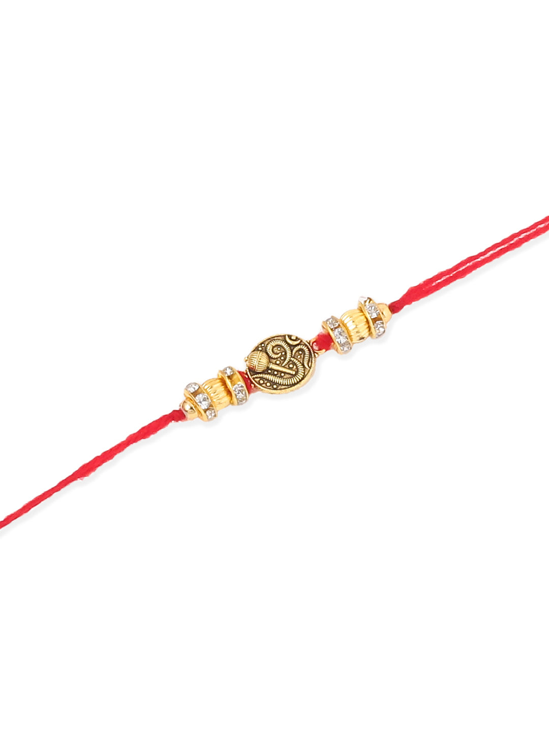 NVR Men Set of 4 Gold Toned Artificial Stones Swastik Design Thread Rakhi with Roli Chawal Chandan & Mishri - Swadesiicart