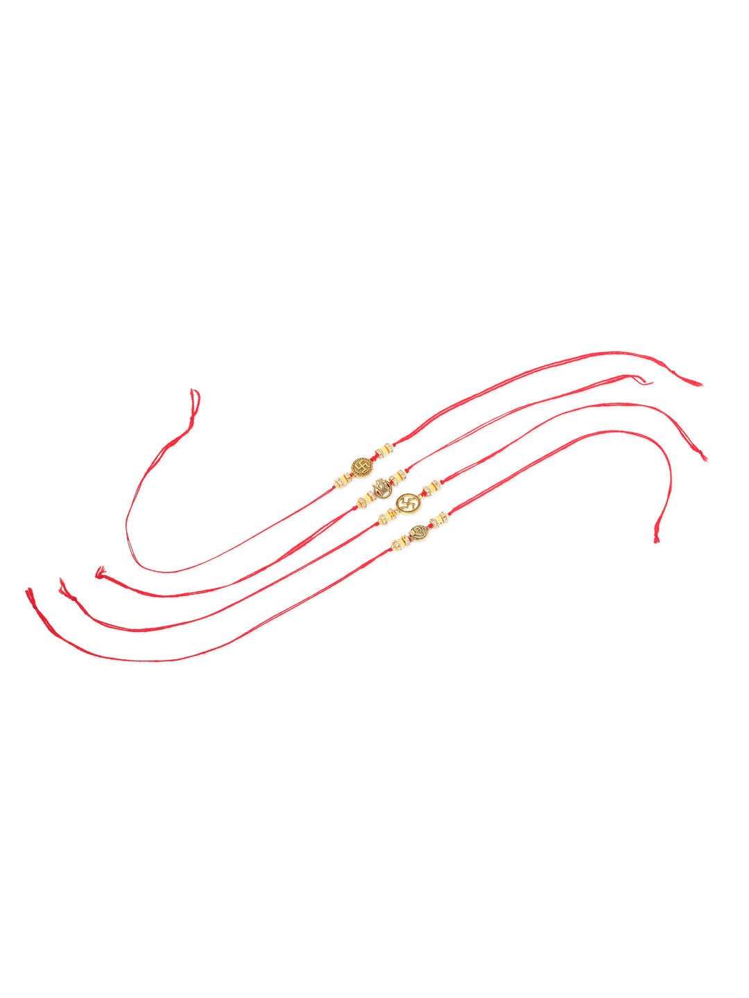 NVR Men Set of 4 Gold Toned Artificial Stones Swastik Design Thread Rakhi with Roli Chawal Chandan & Mishri - Swadesiicart