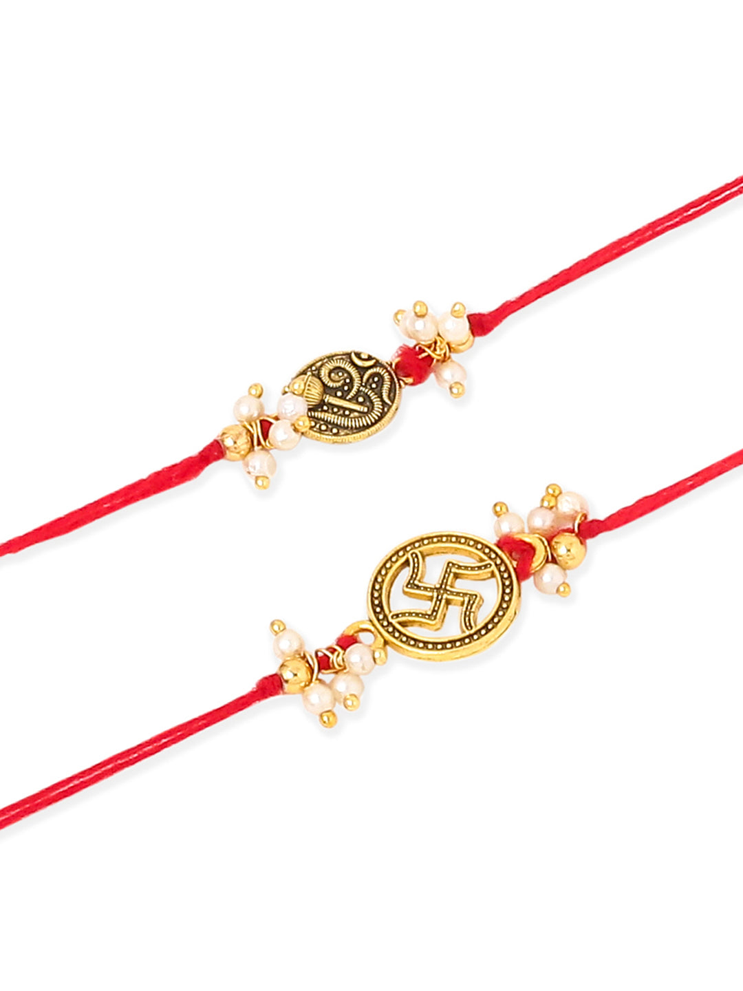NVR Men Set of 2 Gold Toned Pearls Swastik Desgin Thread Rakhi, Combo for Rakshabandhan | Swadesiicart