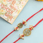 NVR Men Set of 2 Gold Toned Pearls Swastik Desgin Thread Rakhi with Roli Chawal Chandan & Mishri | Swadesiicart