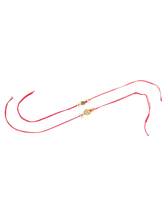 NVR Men Set of 2 Gold Toned Pearls Swastik Desgin Thread Rakhi with Roli Chawal Chandan & Mishri | Swadesiicart