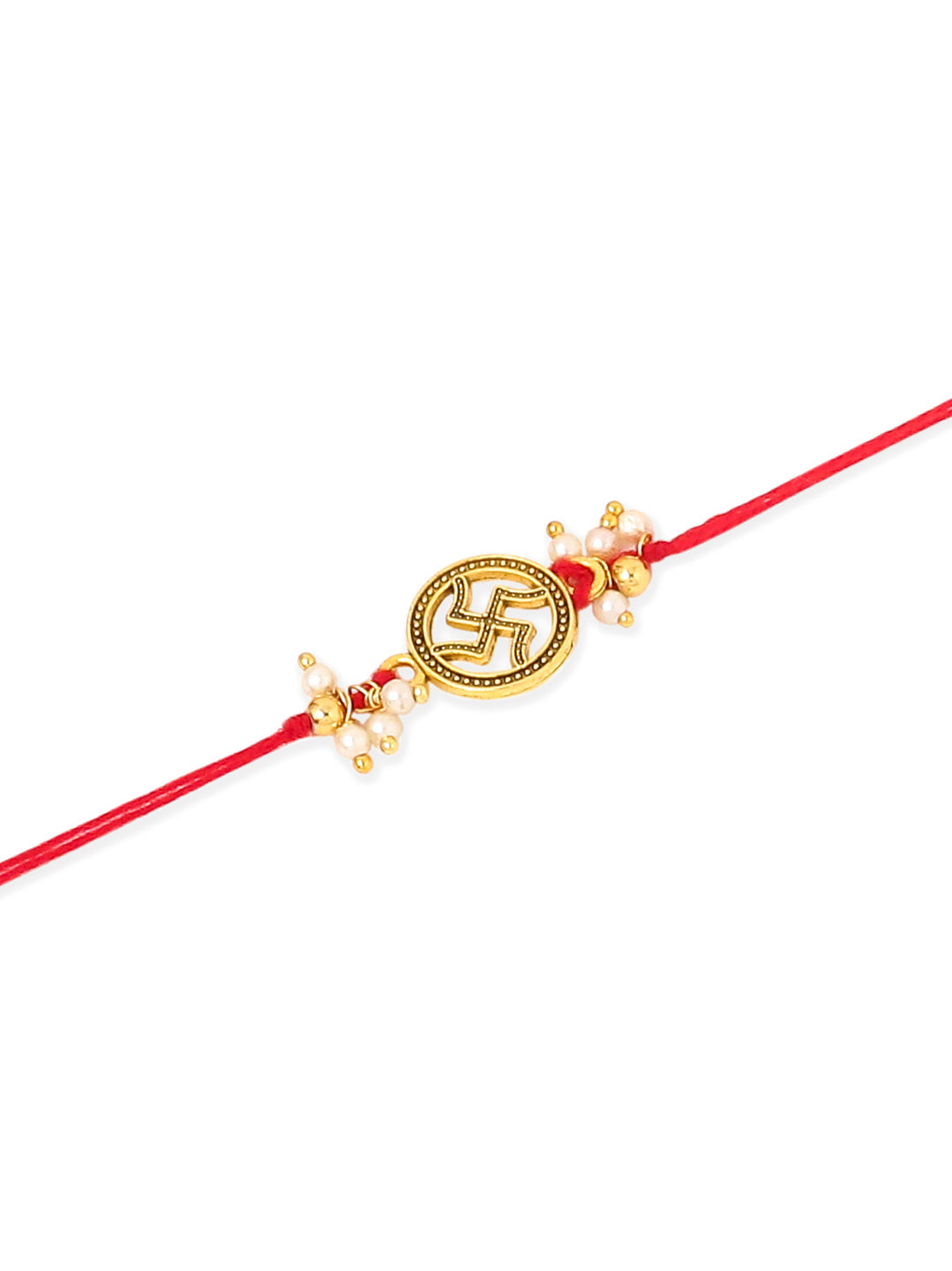 NVR Men Set of 2 Gold Toned Pearls Swastik Desgin Thread Rakhi with Roli Chawal Chandan & Mishri | Swadesiicart