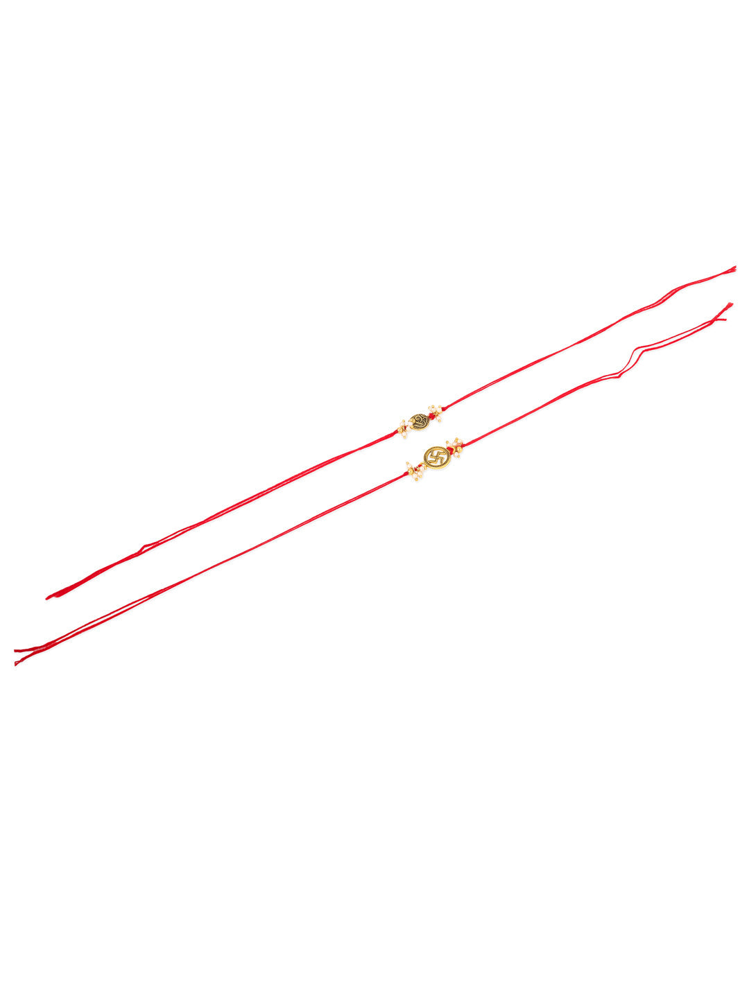 NVR Men Set of 2 Gold Toned Pearls Swastik Desgin Thread Rakhi with Roli Chawal Chandan & Mishri | Swadesiicart