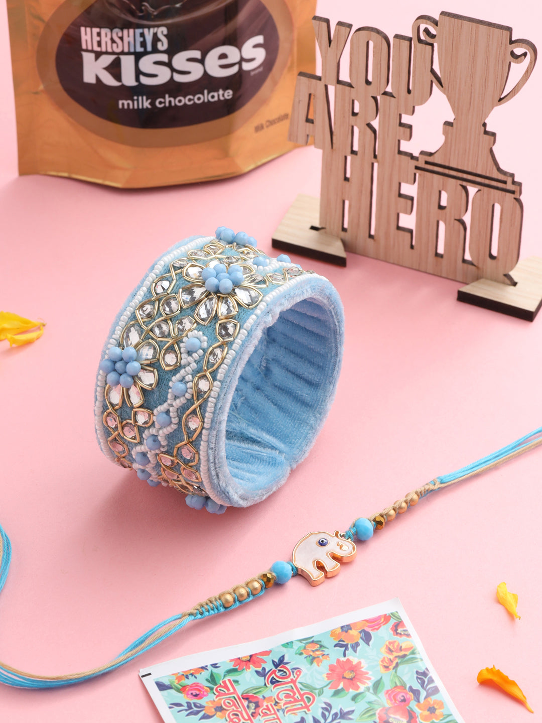 NVR Set of 2 Blue Artificial Stones & Beads Floral Bhaiya Bhabhi Rakhi Combo | Swadesiicart