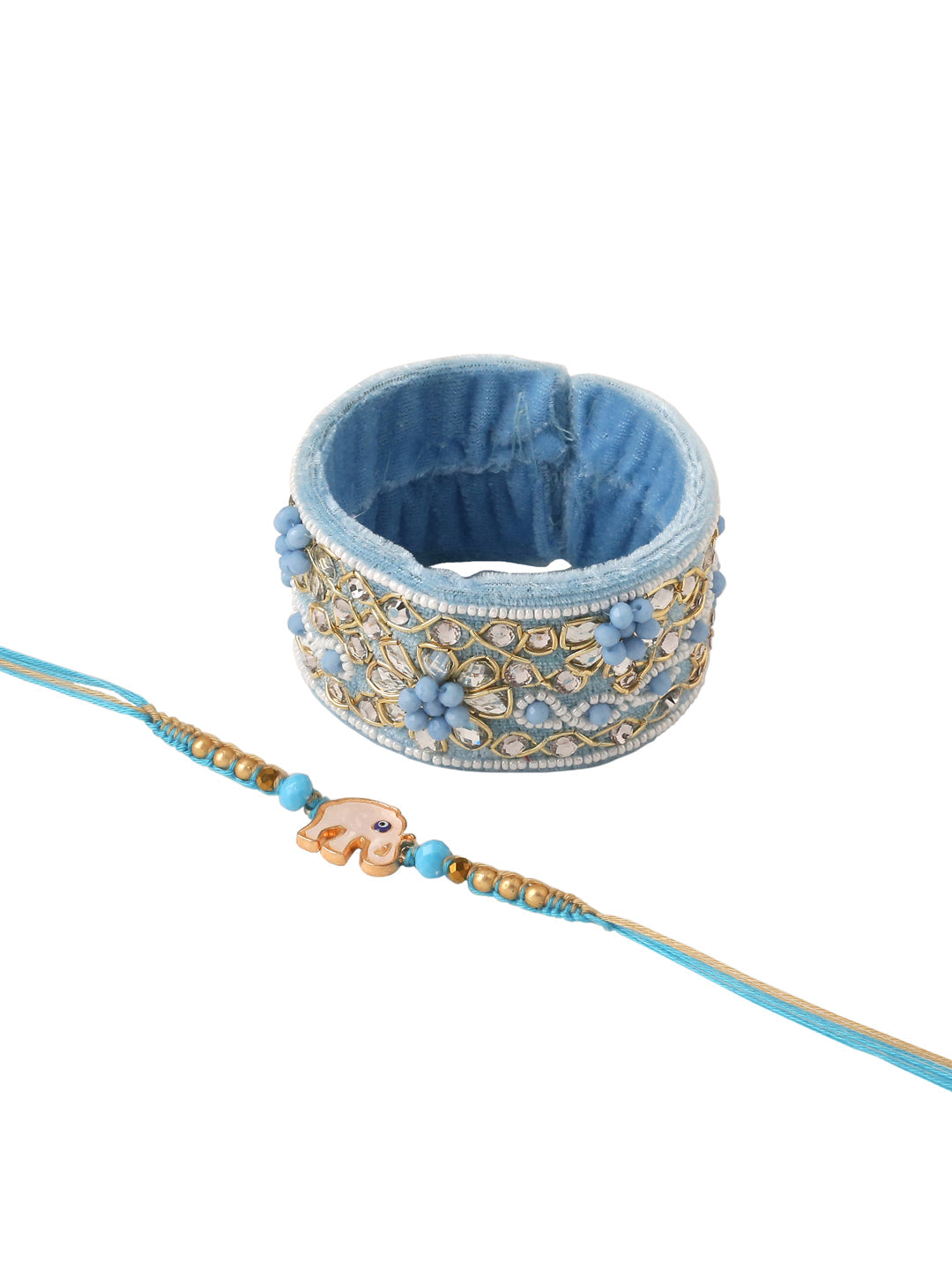 NVR Set of 2 Blue Artificial Stones & Beads Floral Bhaiya Bhabhi Rakhi Combo | Swadesiicart