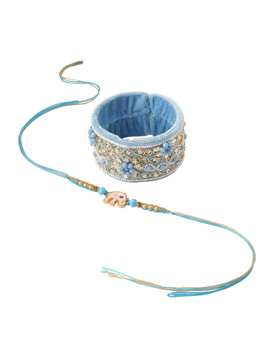 NVR Set of 2 Blue Artificial Stones & Beads Floral Bhaiya Bhabhi Rakhi Combo | Swadesiicart