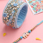 NVR Set of 2 Blue Artificial Stones & Beads Floral Bhaiya Bhabhi Rakhi with Roli Chawal Chandan & Mishri | Swadesiicart