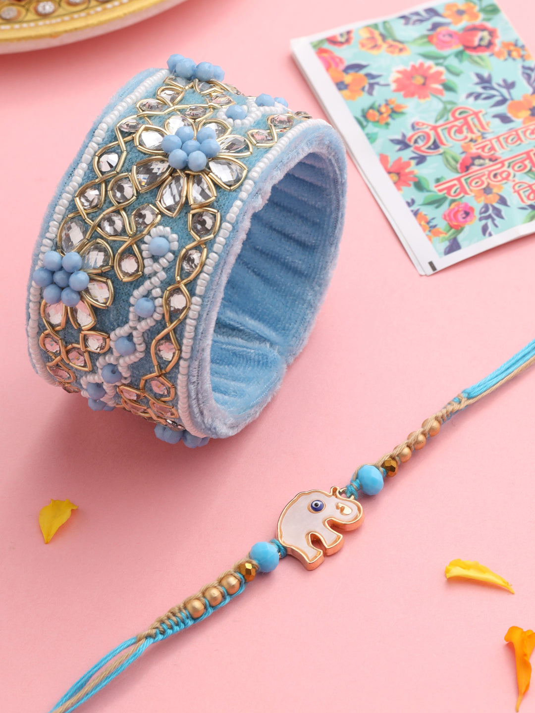 NVR Set of 2 Blue Artificial Stones & Beads Floral Bhaiya Bhabhi Rakhi with Roli Chawal Chandan & Mishri | Swadesiicart