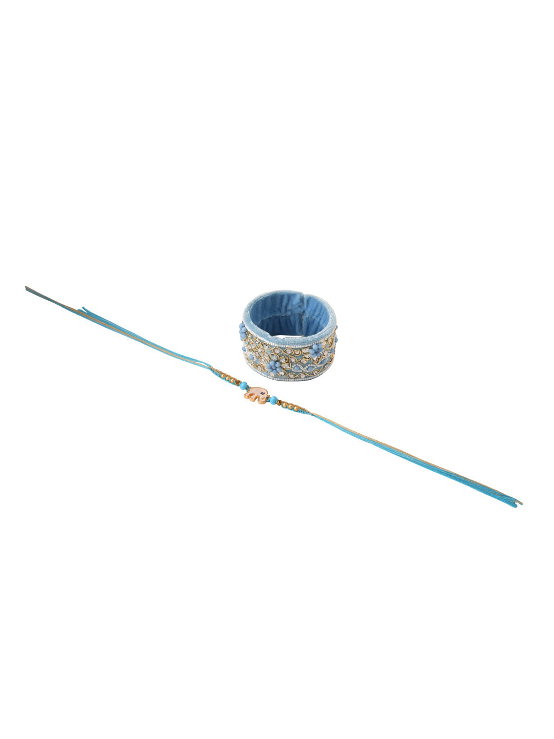 NVR Set of 2 Blue Artificial Stones & Beads Floral Bhaiya Bhabhi Rakhi with Roli Chawal Chandan & Mishri | Swadesiicart